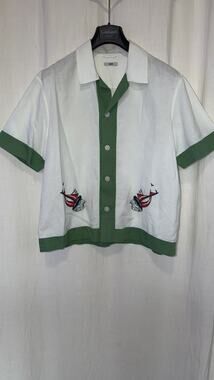 Bode Linen Cotton Camp Shirt White/Green Embroidered L/XL